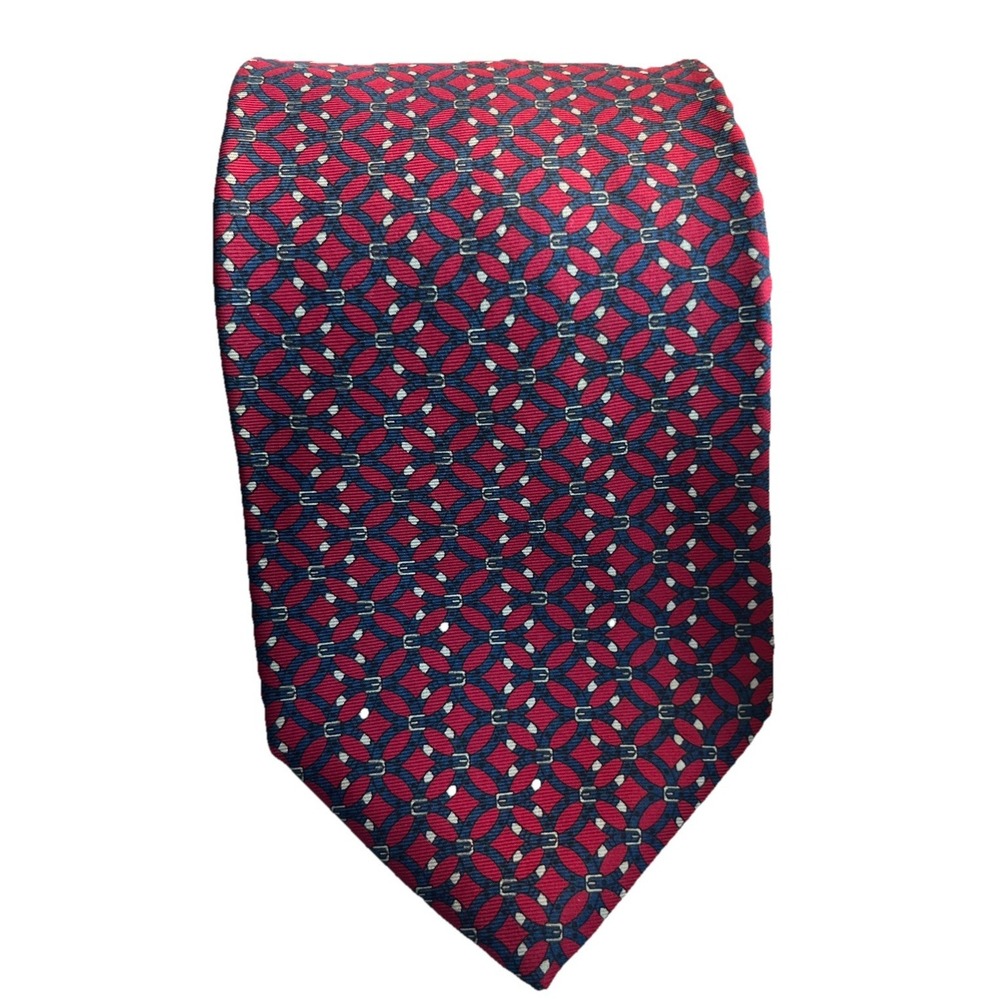 Burt Pulitzer Geometric 100% Silk Tie Red and Navy with Buckle Motif Vintage 90s